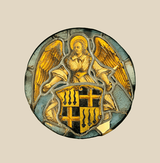 16th-century Swiss Renaissance stained glass panel depicting a radiant nimbate angel with outstretched wings holding a heraldic shield featuring three ermine sables and golden crosses, symbolizing purity and divine protection. Mounted in a circular lead frame against a soft neutral background.