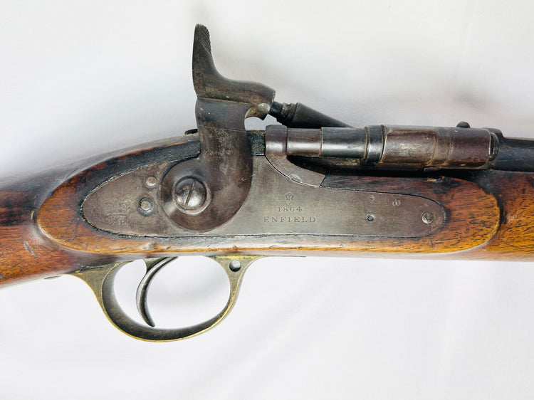 Antique British Snider-Enfield Pattern 1853 Mark II service rifle, dated 1864, breech-loading conversion, steel and brass fittings, walnut stock with Victorian-era military patina, non-firing collectible