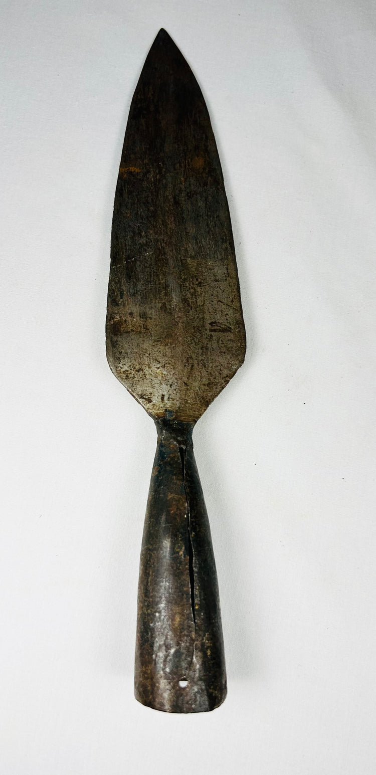18th century Indo-Persian forged iron spearhead with broad leaf-shaped blade