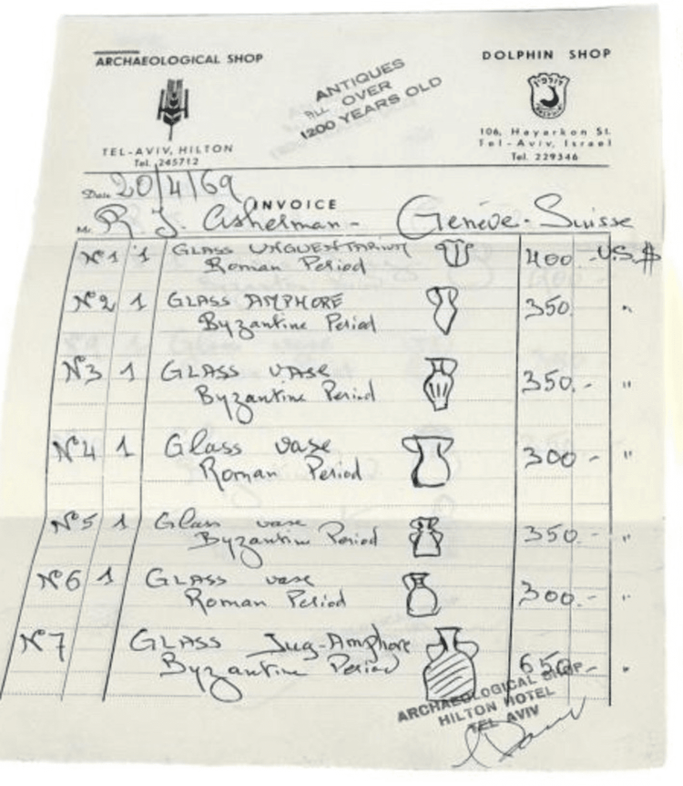 Handwritten invoice dated April 20, 1969, from the Archaeological Shop at the Tel Aviv Hilton and Dolphin Shop, documenting Roman and Byzantine glass vessels, purchase prices, and purchaser details in Geneva, Switzerland.