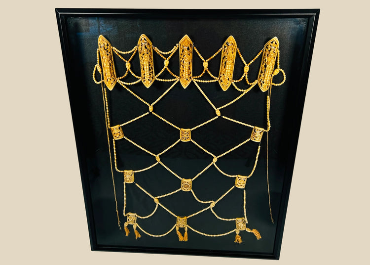 Rare 19th-century Himalayan Tibetan Tantric ritual apron (rus gyan) made of human and animal bones, featuring six elliptical plaques depicting Chakrasamvara deities, crisscrossed bone bead lattice, cotton backing, and natural pigments, ceremonial and devotional garment
