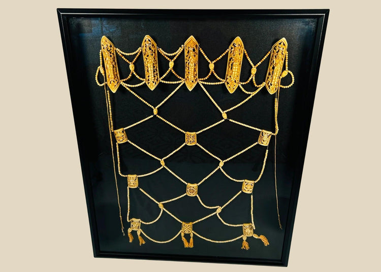 Rare 19th-century Himalayan Tibetan Tantric ritual apron (rus gyan) made of human and animal bones, featuring six elliptical plaques depicting Chakrasamvara deities, crisscrossed bone bead lattice, cotton backing, and natural pigments, ceremonial and devotional garment