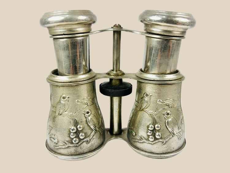 Antique 19th century opera glasses with silver-plated body, finely engraved bird and floral motifs, and adjustable mechanism. Elegant collectible binoculars used for theater and opera viewing, with rich patina and decorative craftsmanship.