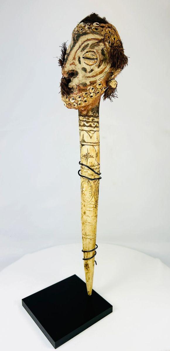 Full-length rear view of Sepik River bone dagger with carved motifs, showing patina, cowrie shells, and traditional Sepik craftsmanship.