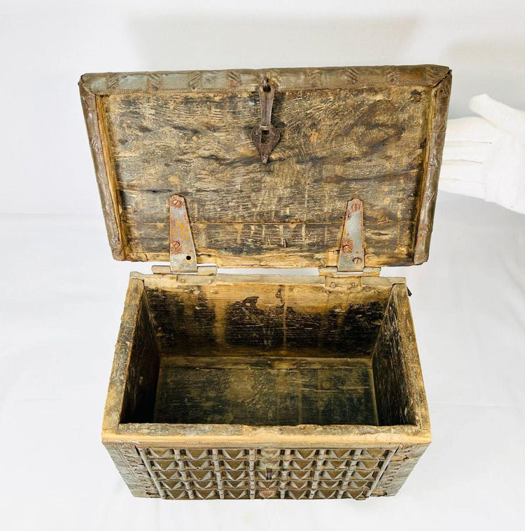 Indian hardwood storage box with original lock and latch from 1800s
