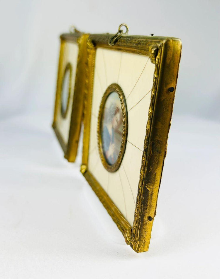 Side view of European devotional miniatures highlighting original frame construction