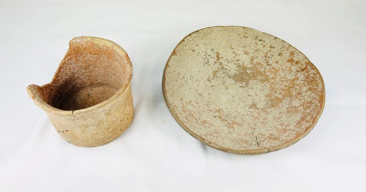 Ancient Neolithic ceramic set with shallow bowl and cylindrical fragment