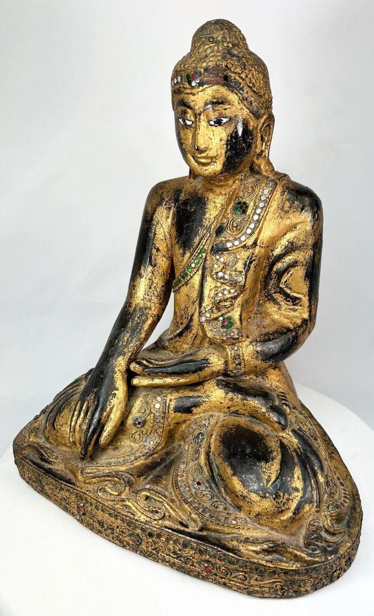 Thai Buddha Statue in Bhumisparsha Mudra — Hand-Carved Gilt Wooden Figure with Gem Inlays, 19th–Early 20th Century Temple Art | Relic and Rarity