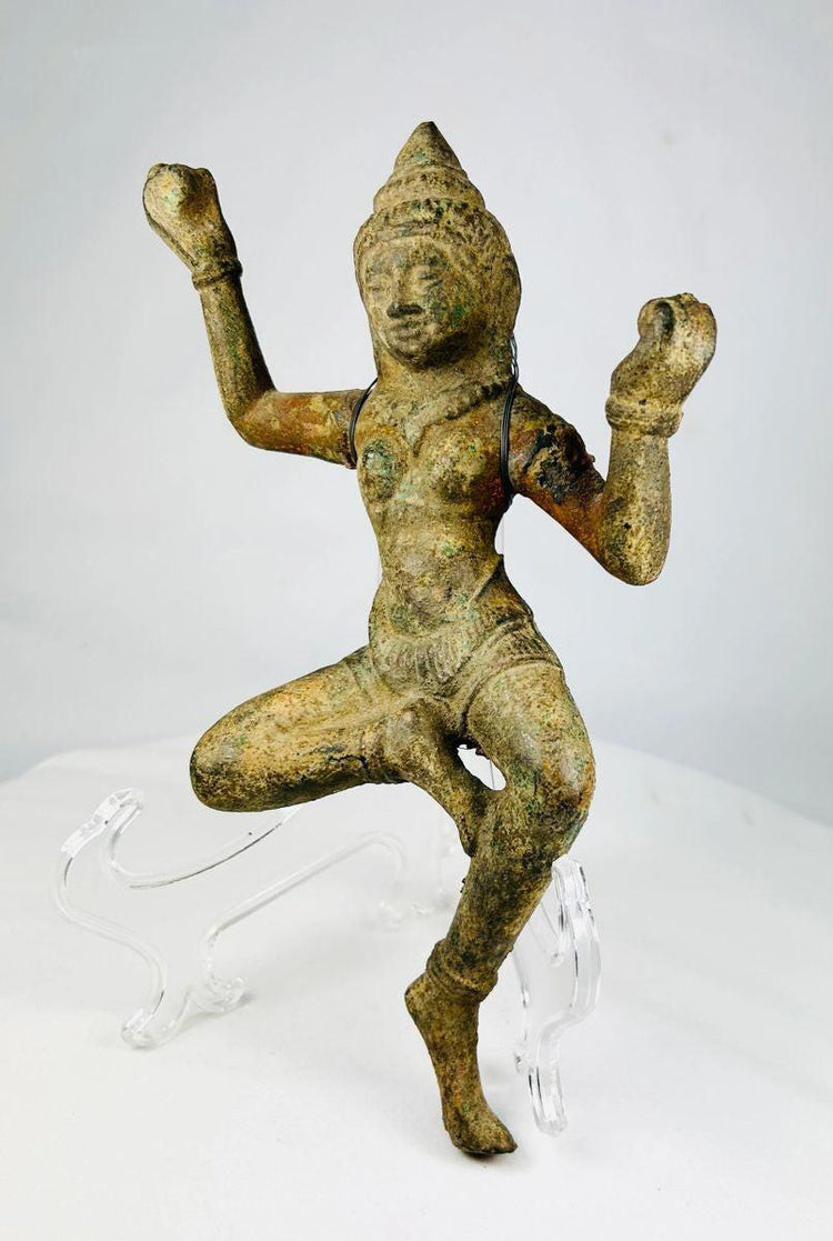 Antique bronze Devata or Apsara sculpture with ornate headpiece and flowing attire