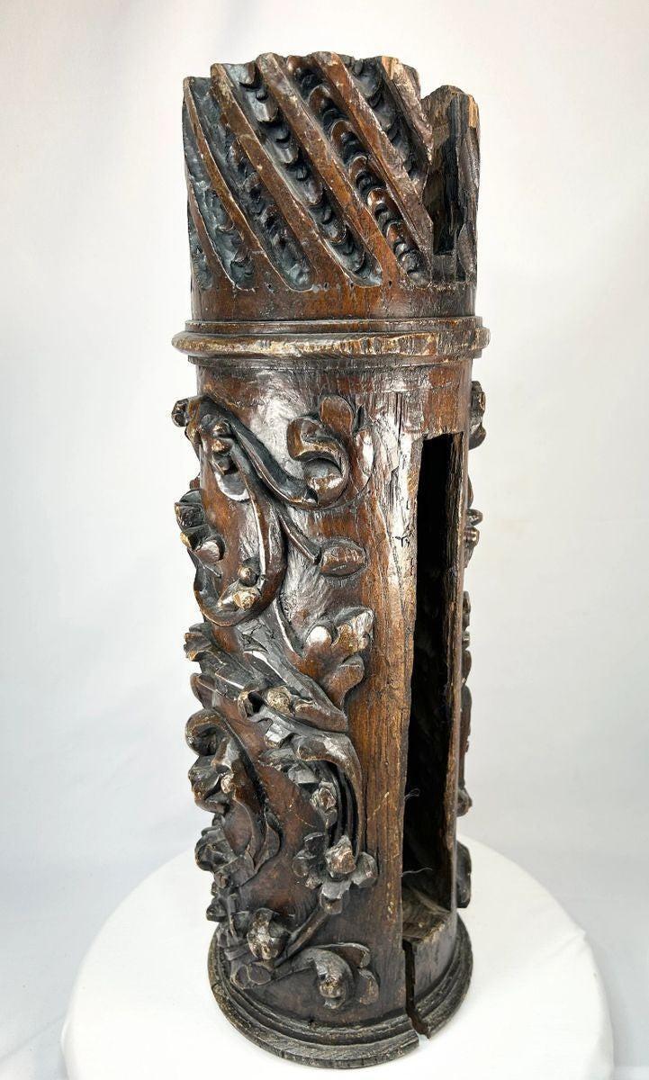 Antique Japanese temple column section with floral carvings and spiral top