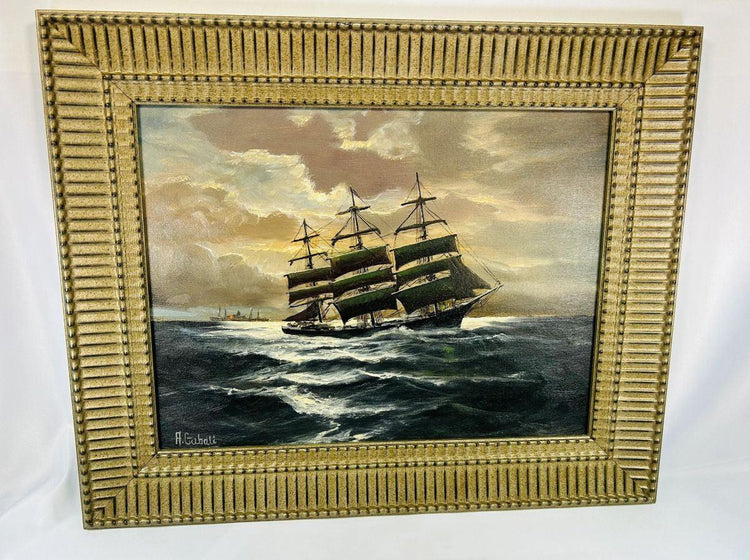 Alfred Gabali ‘Ships That Pass In The Night’ oil on canvas board, 1958, maritime painting depicting passing ships at sea with expressive brushwork, signed lower left with dedication on verso