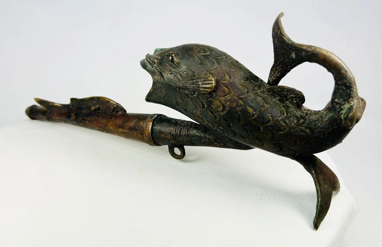 Cameroonian antique bronze fish pipe with fertility symbolism 20th century