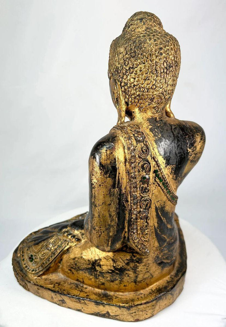 Thai Gilt Wooden Buddha Statue in Bhumisparsha Mudra, back view showing detailed robe pattern, 19th–early 20th century temple sculpture from Thailand, hand-carved wood with gilt paint and glass inlays, Relic and Rarity