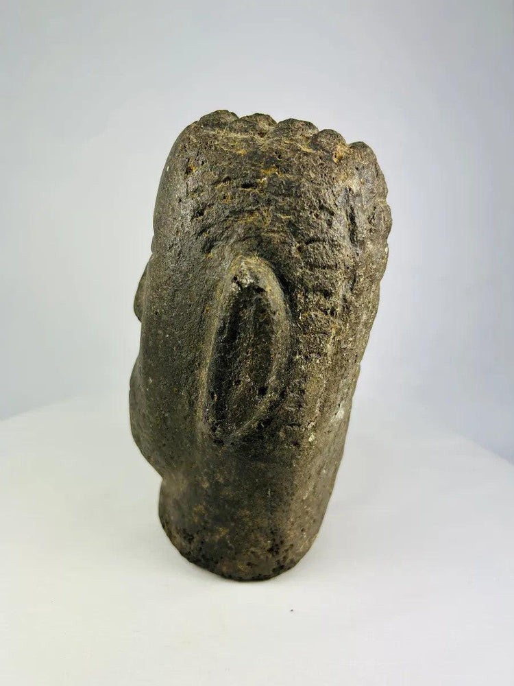 Side profile of a Polynesian volcanic stone effigy head with age-weathering and pitting.