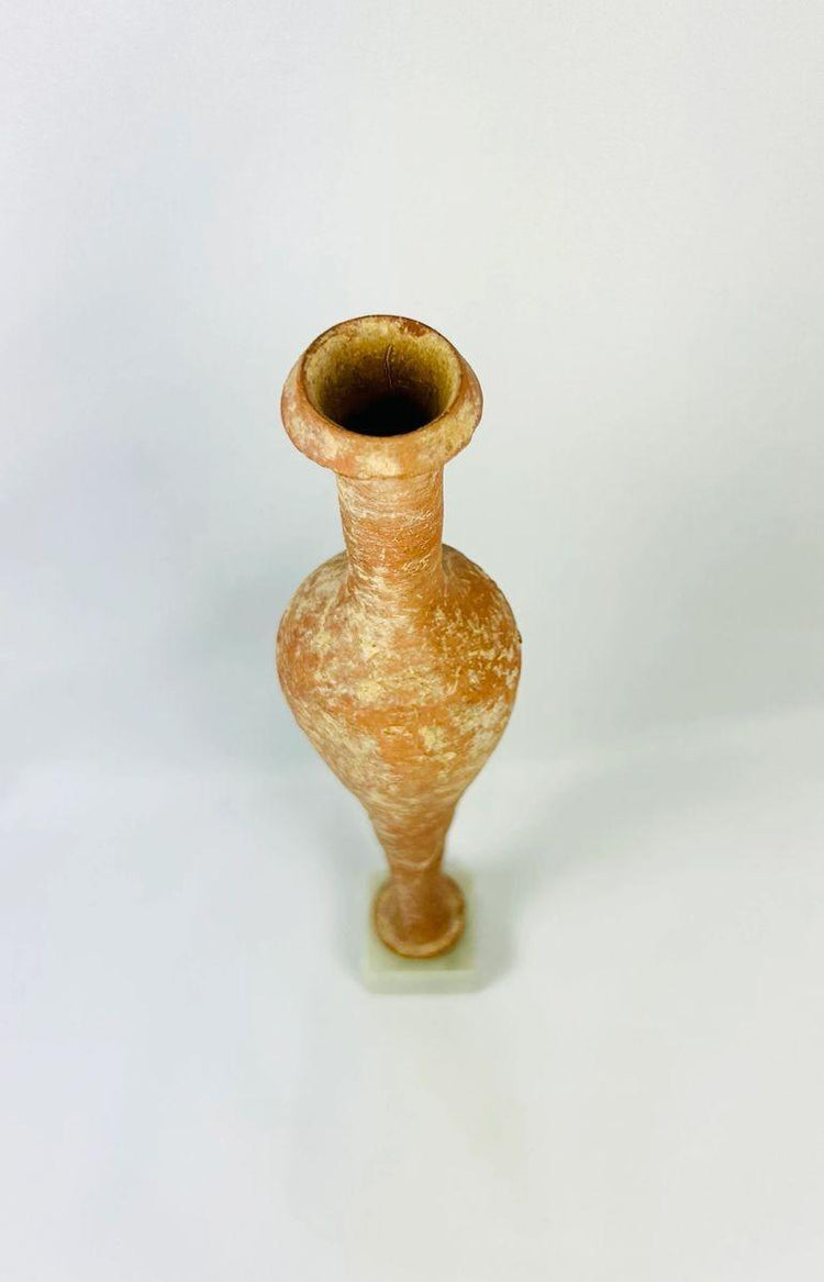 Judean Hasmonean vessel terracotta bottle slender neck elongated body patina