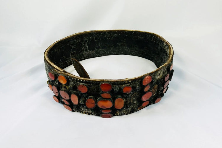 17th–18th century Southern Russian Jewish bridal belt made of brass with inset carnelian stones — antique ceremonial jewelry.