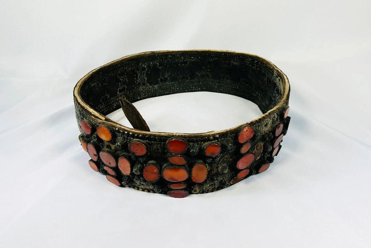 17th–18th century Southern Russian Jewish bridal belt made of brass with inset carnelian stones — antique ceremonial jewelry.