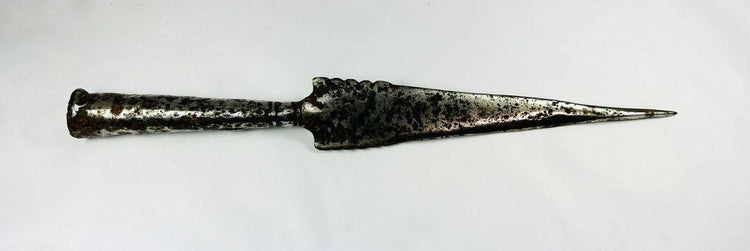 Ancient European iron spearhead with scalloped-edge blade and socketed base