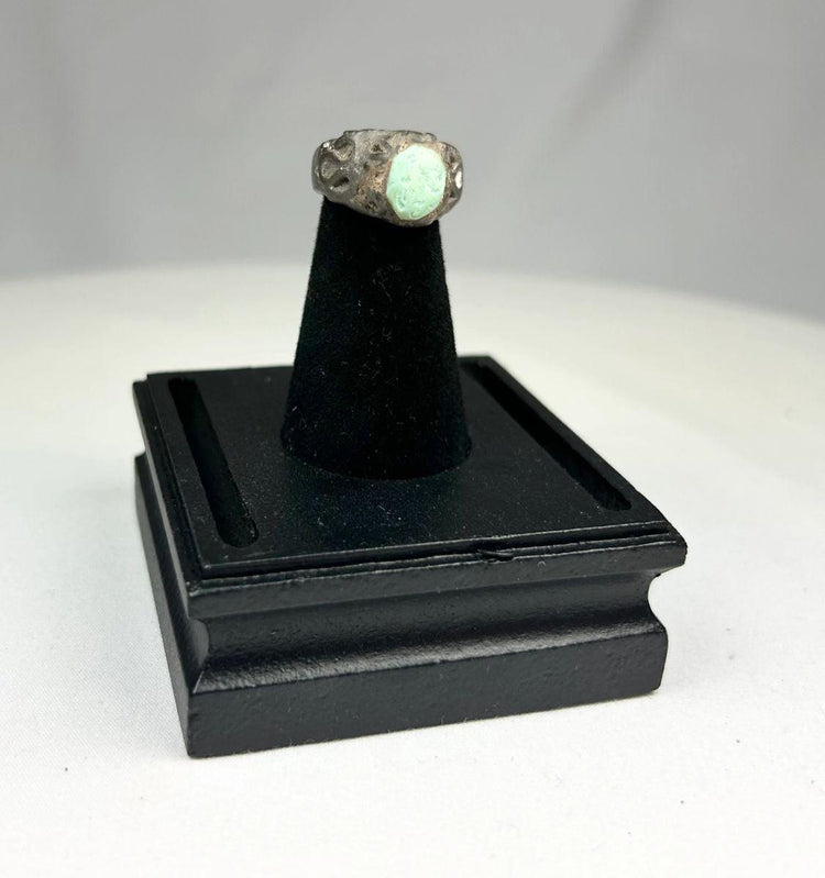 Antique silver ring from Neo-Assyrian Iraq with raised turquoise and engraved designs