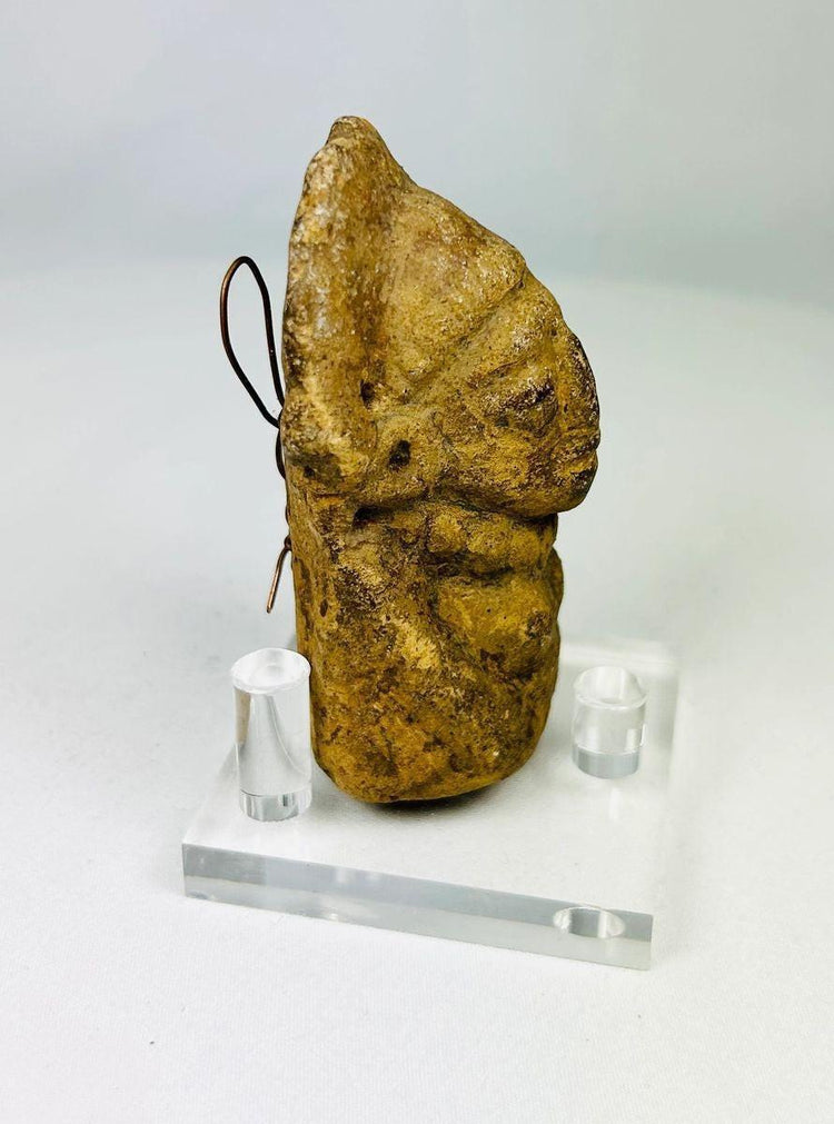 Detailed photograph of ancient fired-clay bust showing headdress and cultural motifs.