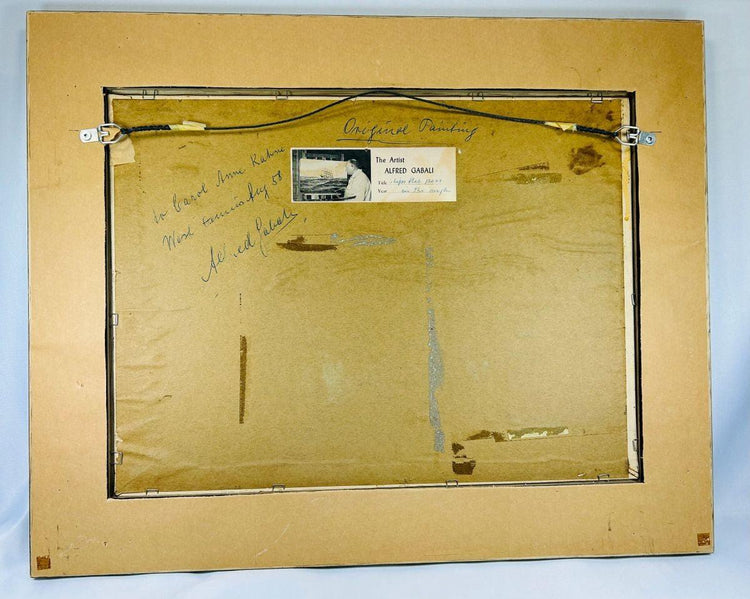 Reverse side of Alfred Gabali painting ‘Ships That Pass In The Night,’ showing dedication inscription, original backing board, hanging wire, and artist label confirming authenticity and date circa 1958.