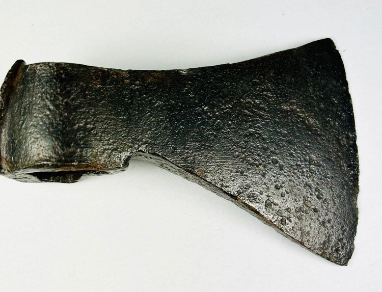 17th–18th century forged iron axe head with oval eye and authentic wear from use
