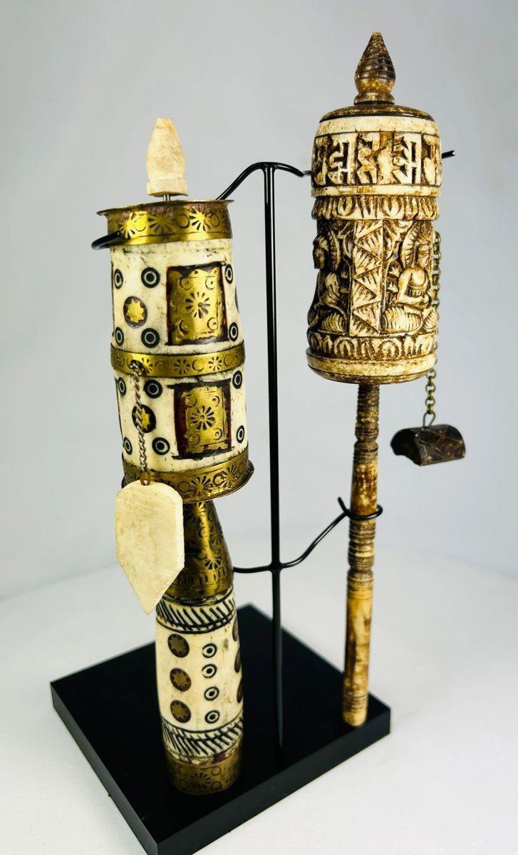 Tibetan Buddhist prayer wheels late 19th century with ornate carvings