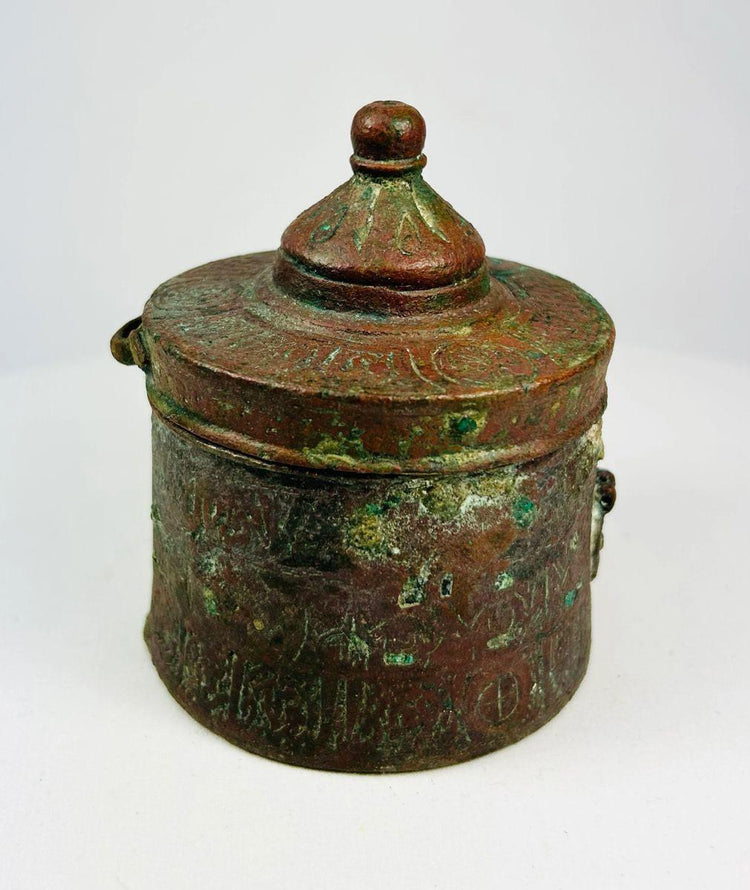Antique Khorassan bronze inkwell with aged patina and verdigris