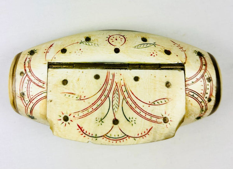 Domed bone snuff box with red and green ink floral decoration Napoleonic era
