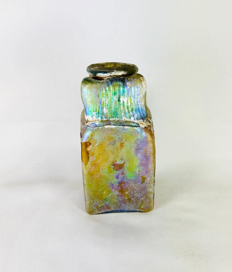 Authentic Roman mold-blown glass bottle iridescent patina used for oils and perfumes