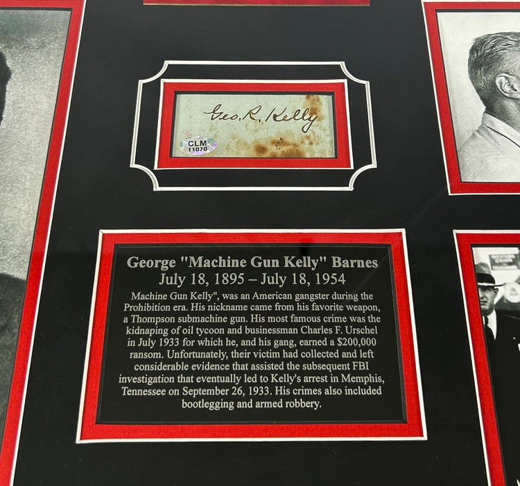 Close-up of George “Machine Gun Kelly” Barnes authentic signature framed with descriptive biography plaque, part of Prohibition-era gangster memorabilia display.