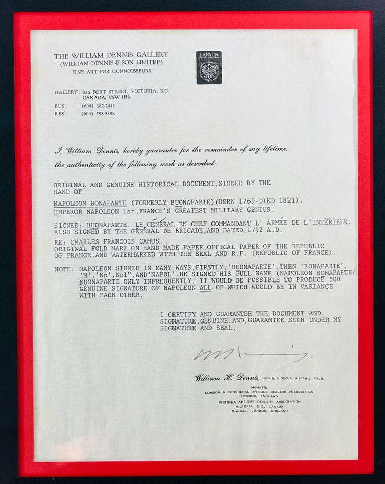 Certificate of authenticity for Napoleon Bonaparte signed letter, issued by William Dennis Gallery, confirming originality and provenance of 1795 historical document.