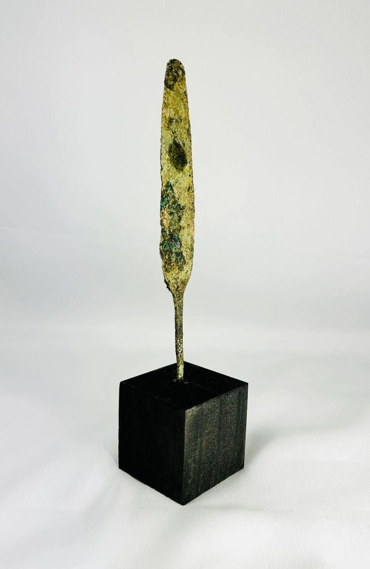Bronze Age leaf-shaped spearhead with tapered point and natural patina
