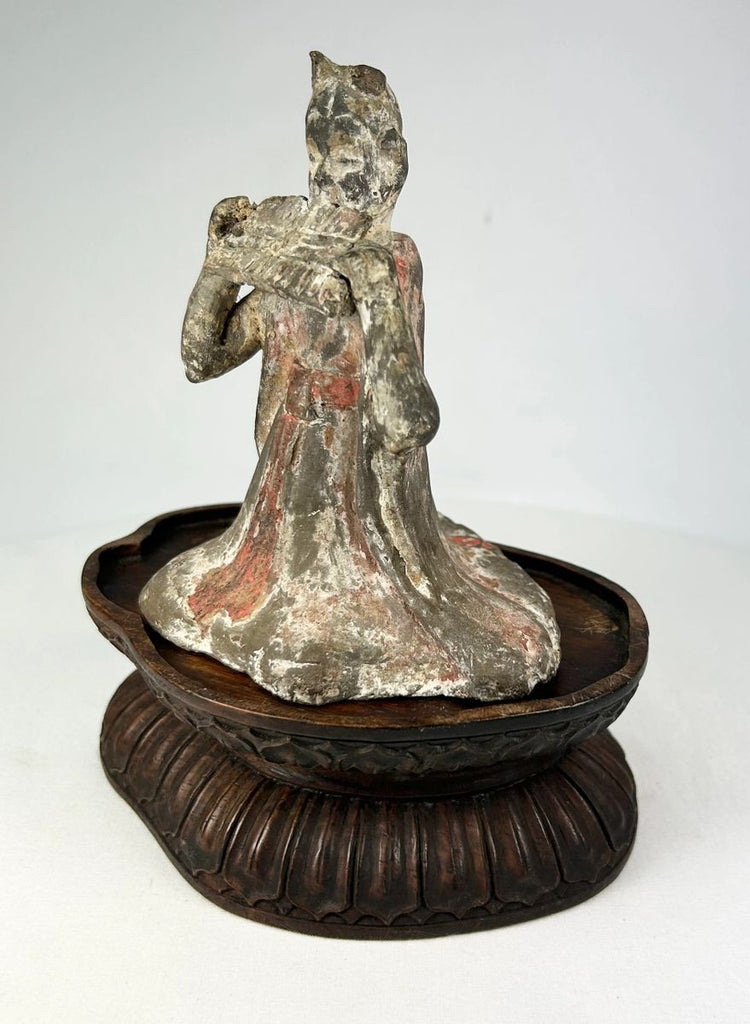 Tang Dynasty terracotta female court musician figure with pan flute and pigments