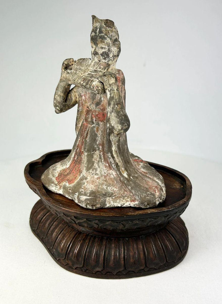Tang Dynasty terracotta female court musician figure with pan flute and pigments