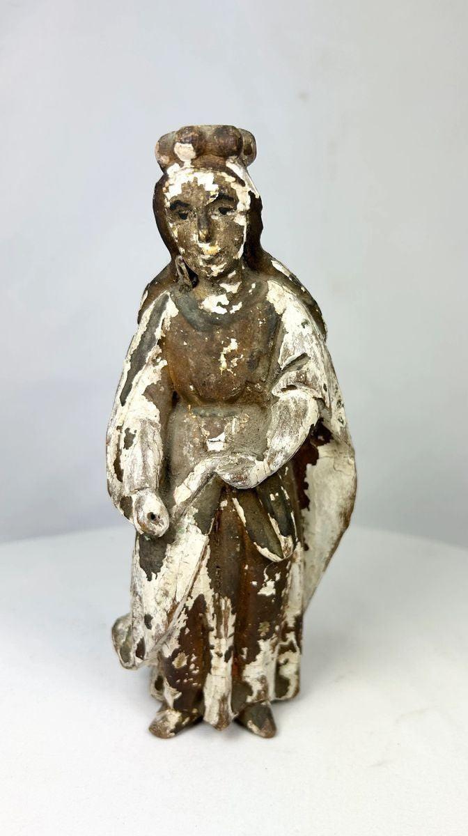 18th–19th century Spanish Colonial devotional sculpture likely from Philippines or South America, wood santo with original polychrome remnants and weathered finish.