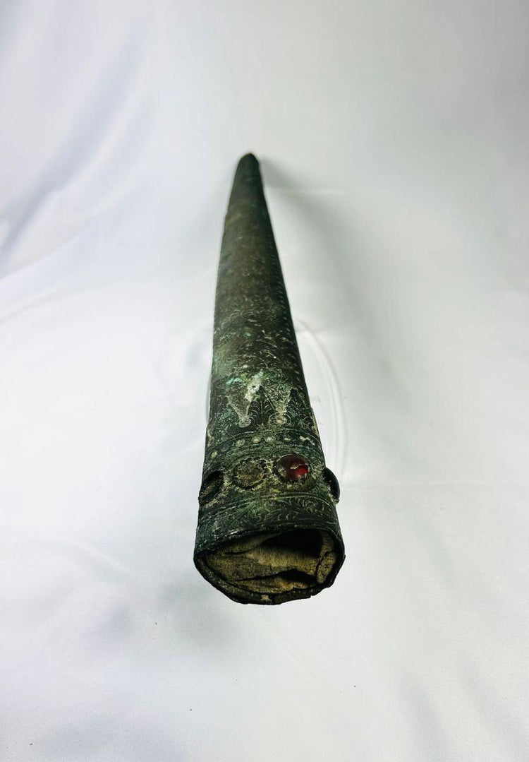 Ancient Etruscan bronze sword sheath with gemstone inlays and green patina, photographed on white background – authentic 900–700 BCE artifact from Relic and Rarity collection
