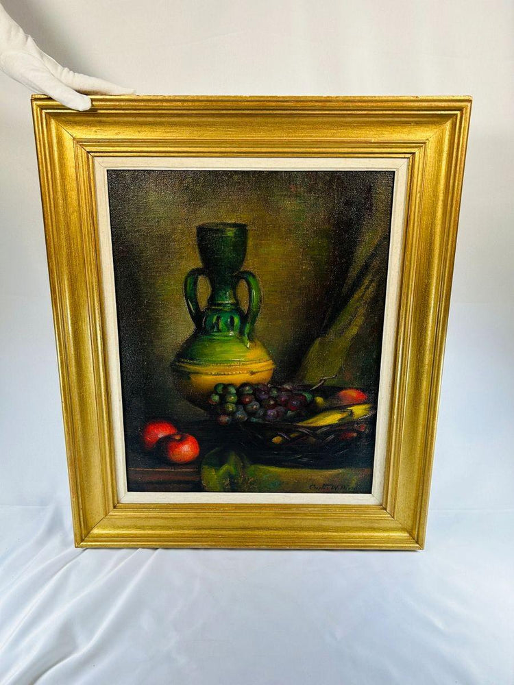 Framed mid-20th century still life oil painting of fruit and vase, rich colors, detailed brushwork