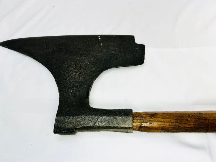 Museum-quality antique axe, 18th century, forged iron executioner’s blade and wooden replacement handle.