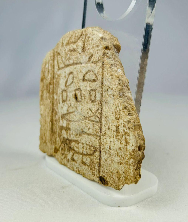 Angled photo of Egyptian limestone artifact with loaf, water ripple, and offering hieroglyphs.