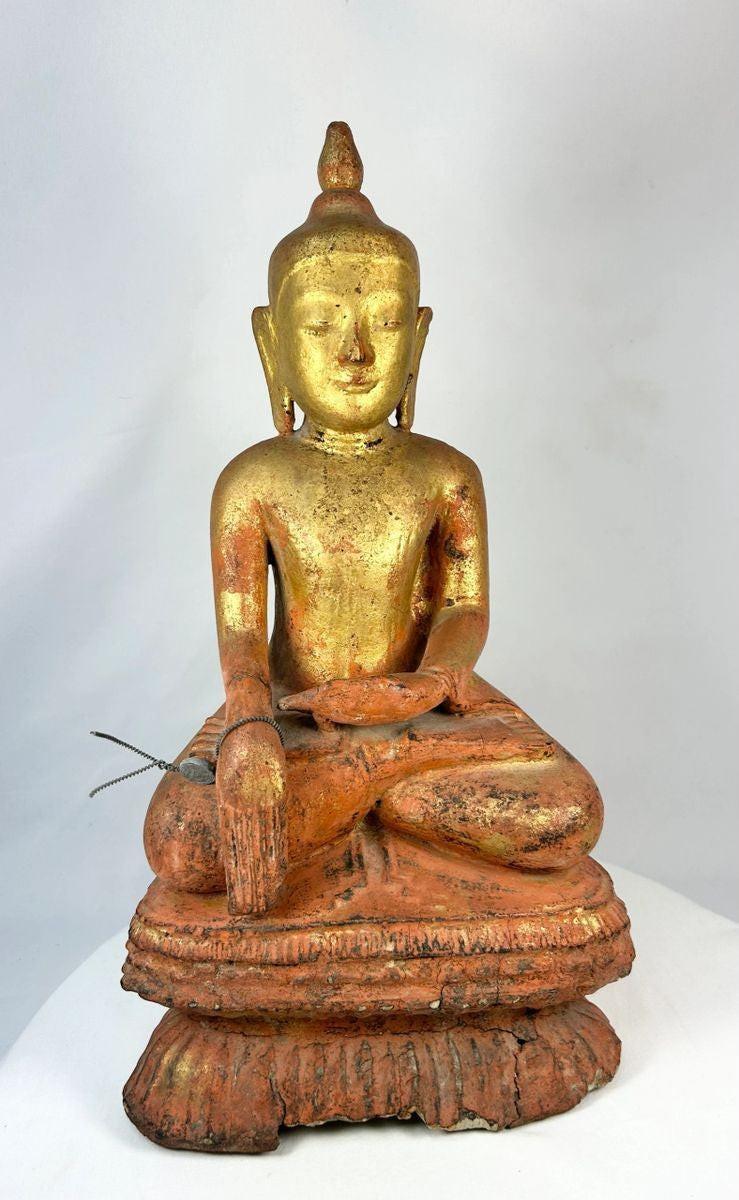 Museum-quality Burmese wooden monk statue from Myanmar, 19th century