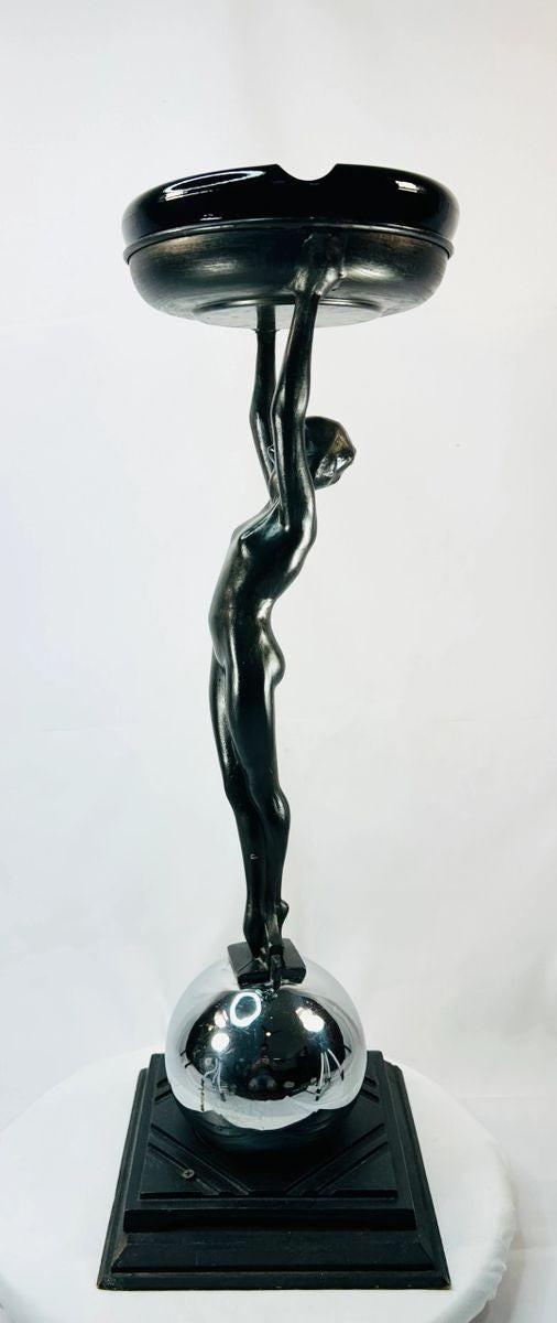 Jazz Age decorative stand with nude sculpture and circular tray by Frankart