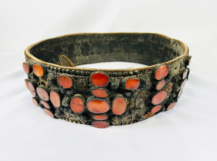 17th–18th century Southern Russian Jewish bridal belt made of brass with inset carnelian stones, displayed on a white background – Relic and Rarity museum artifact photo.