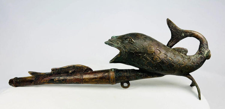 Early 20th-century Cameroonian bronze ceremonial pipe with fish motif