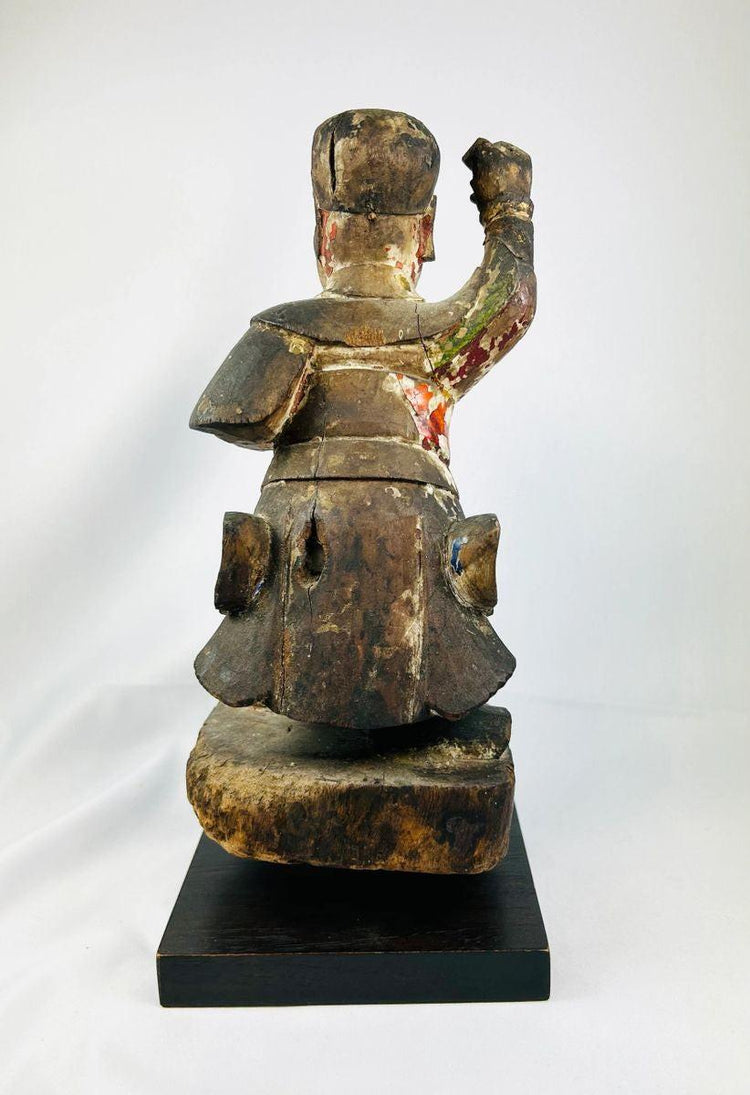 19th-century Qing wooden sculpture of Skanda/Wei Tuo Pusa in dynamic pose, warrior armor carvings, protecting-deity iconography.