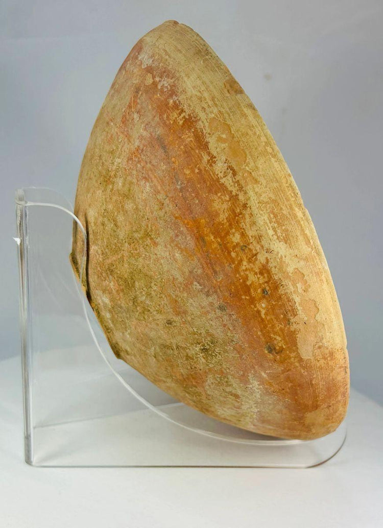 Side view of ancient Indus Valley pottery vessel with black-painted concentric designs.