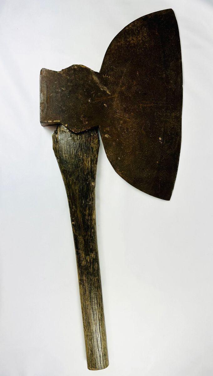 Authentic 19th-century American broadhead axe, forged steel and wooden handle, used for woodcutting and frontier tasks
