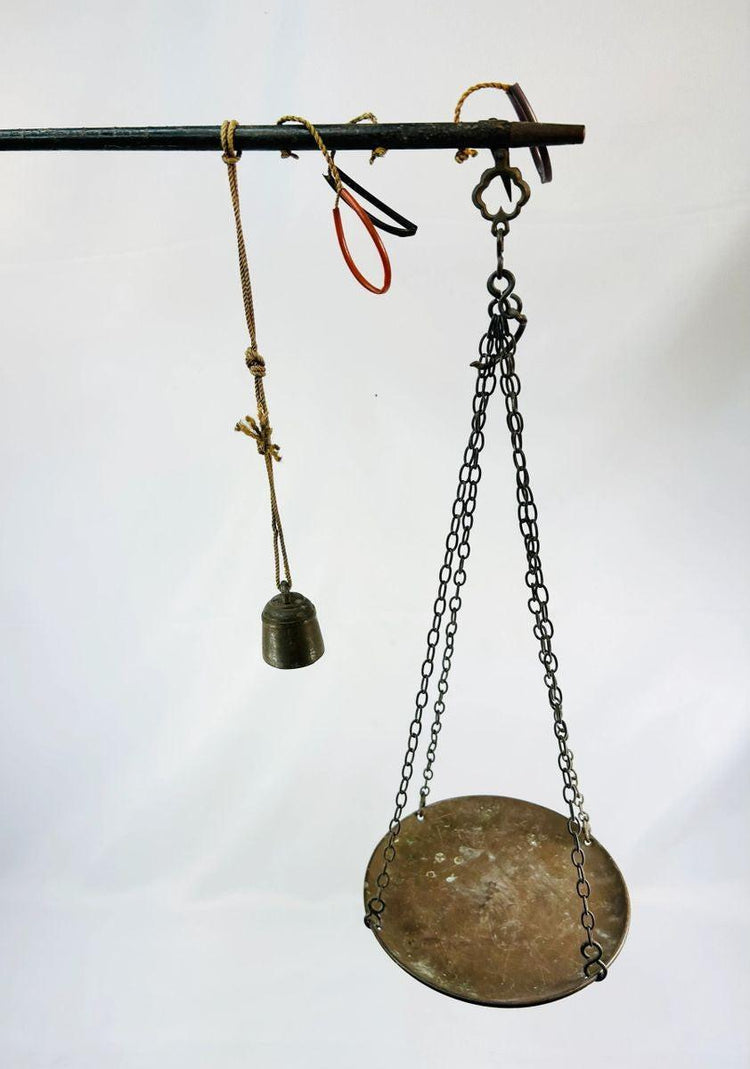 Antique forged iron steelyard scale with engraved calibration notches