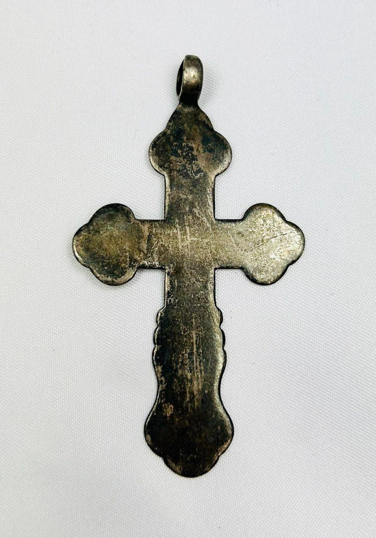 Antique 18th-century Russian silver cross pendant, Eastern Orthodox devotional artifact, engraved inscriptions IC XC
