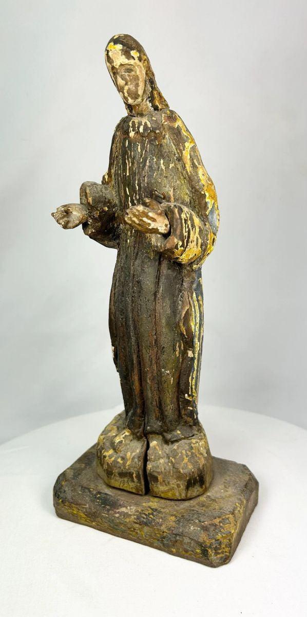 Antique Spanish Colonial wooden santo devotional figure showing original hand-carved details